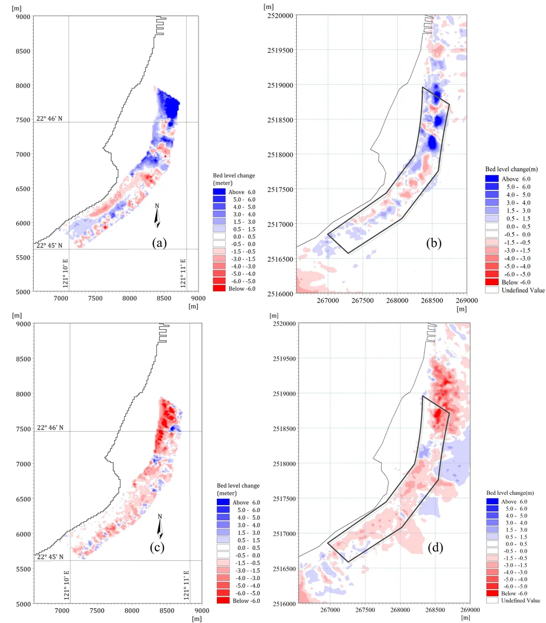 Measured and simulated bed-level change maps at the Beinan River mouth