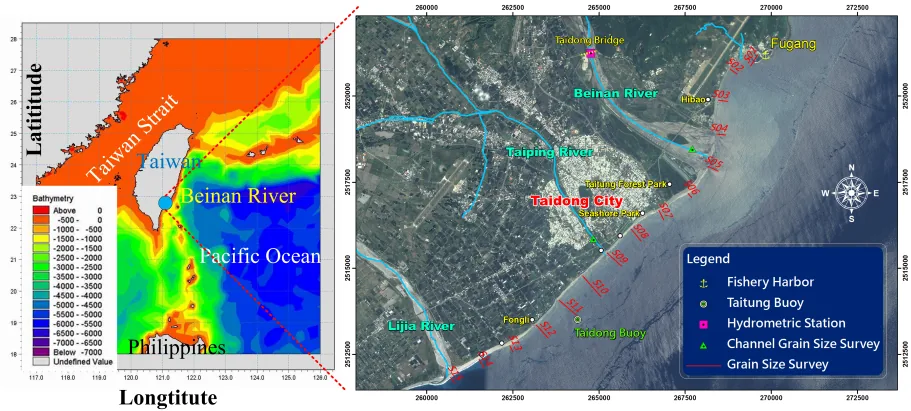 Model domain and monitoring stations for the Beinan River mouth