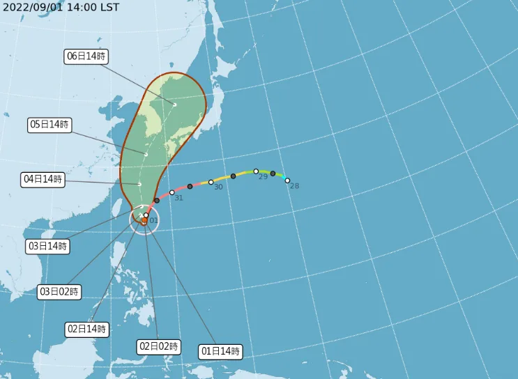 Forecast track of Typhoon Hinnamnor on 1 September 2022