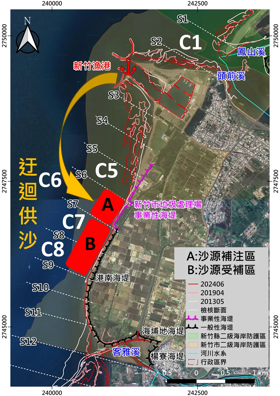 Map of sediment bypassing at the Hsinchu Fishery Harbor with shorelines from 2013, 2019 and 2024